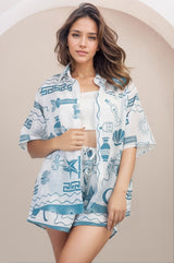 Mirian Button Up Shirt And Shorts Set - Piper Print in Blue