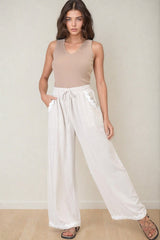 Bailie Linen Pants - Rick Rack Detailed Straight Leg Pants in Oat