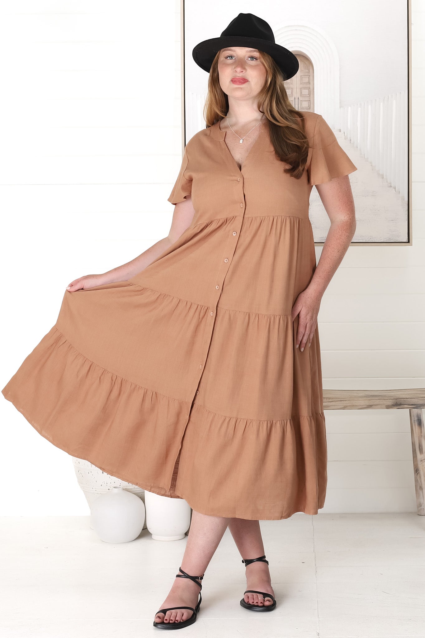 Milla Midi Dress - Tiered Cap Sleeve Button Down Linen Dress in Tan