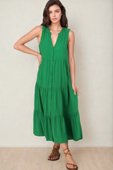 Fifi Linen Midi Dress - Mandarin Collar Sleeveless Button Down Dress in Green