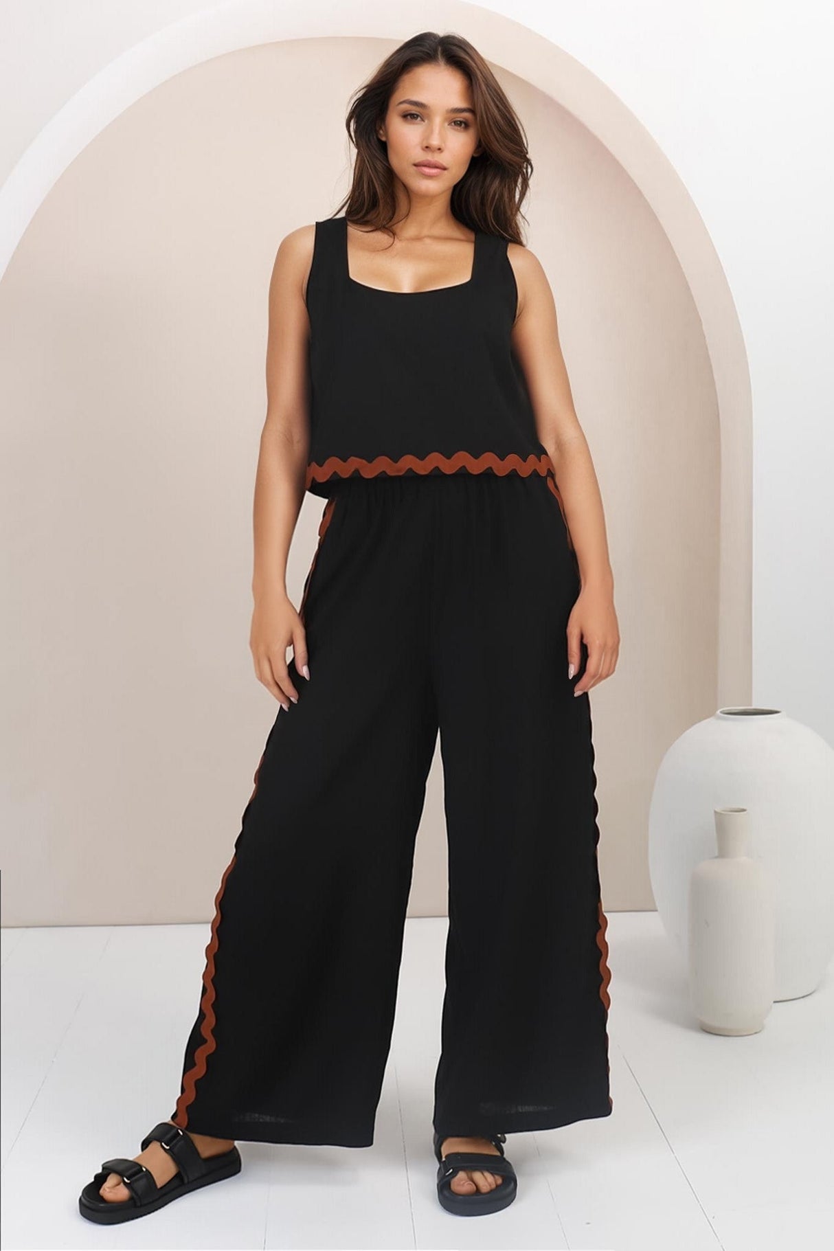 Bailie Linen Set - Boxy Top and Pant Set with Rick Rack Detailing in Black