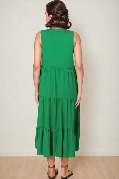 Fifi Linen Midi Dress - Mandarin Collar Sleeveless Button Down Dress in Green