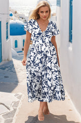 Tea Midi Dress - Pull In V Neckline Dress with Cap Sleeves in Charis Print Blue