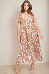 Anais Midi Dress - Cap Flutter Sleeve Button Down A Line Dress in Daley Print