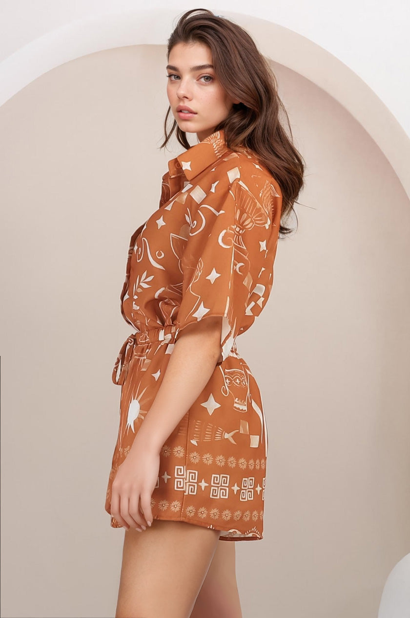 Talitha Button Up Shirt And Shorts Set - Embry Print in Orange