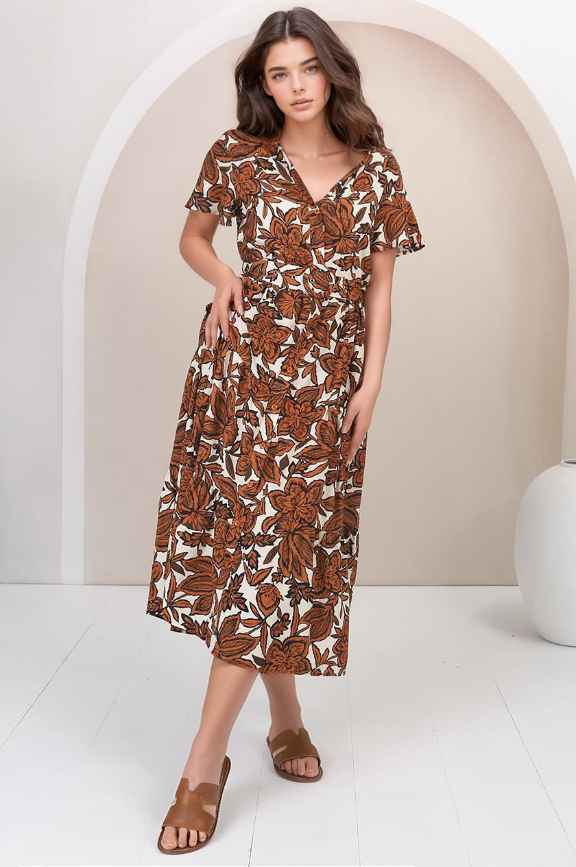 Luvira Midi Dress - Button Down Collared Dress With Statement Belt In Kallie Print