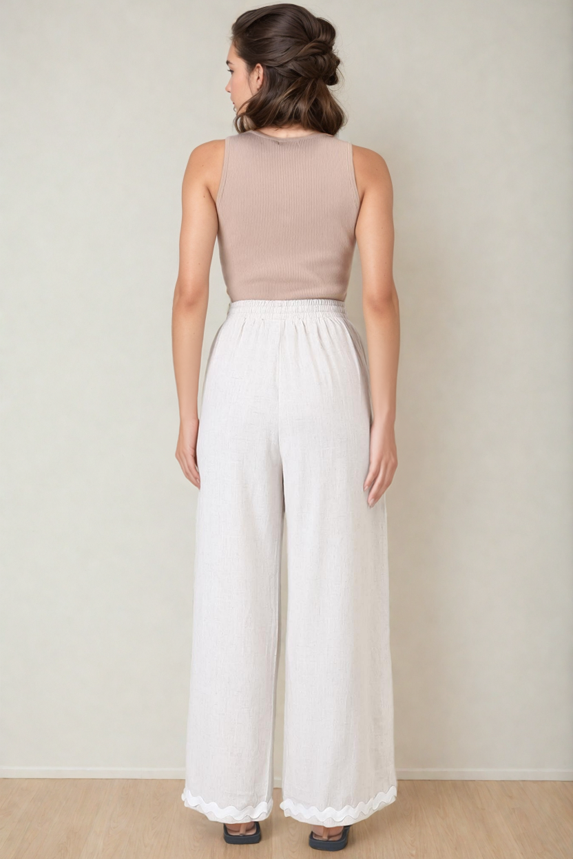 Bailie Linen Pants - Rick Rack Detailed Straight Leg Pants in Oat