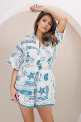 Mirian Button Up Shirt And Shorts Set - Piper Print in Blue