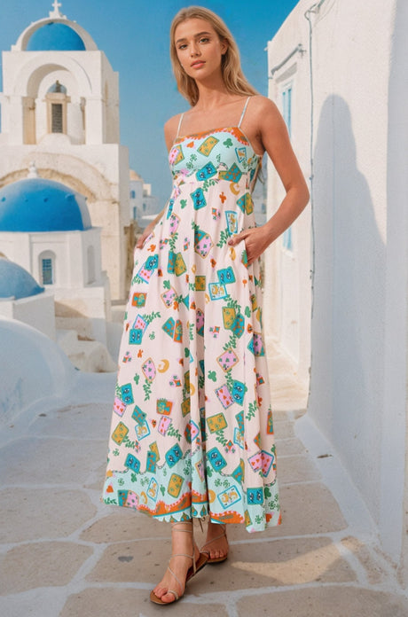 Bonita Maxi Dress: Spaghetti Strap Sun Dress in Tarot Print