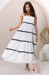 Bailie Maxi Dress - Rick Rack Detailed Sun Dress with Pockets in White