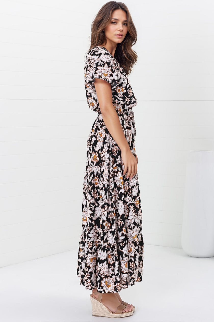 Hanna Maxi Dress - Cap Sleeve Tiered A Line Dress with Toggle Detailed Waist Tie in Torah Print