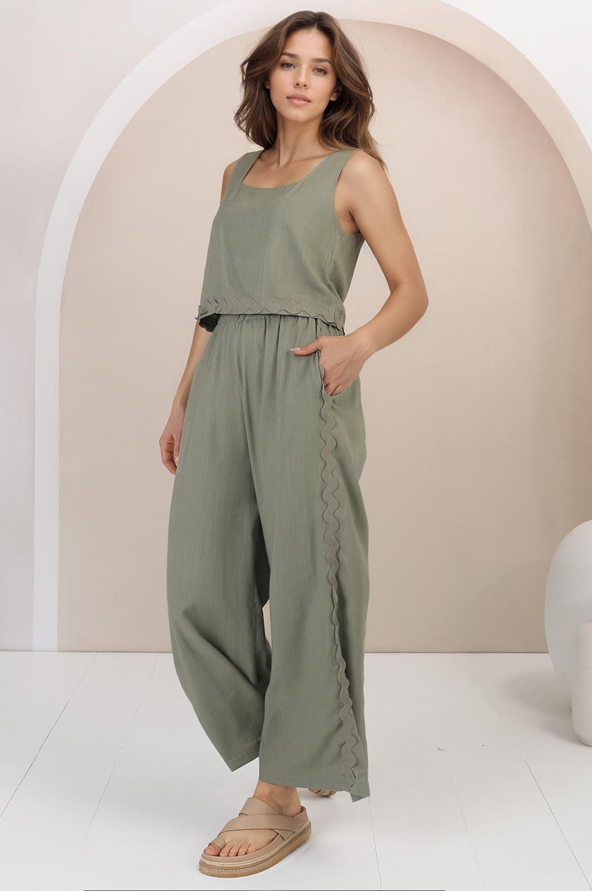 Bailie Linen Set - Boxy Top and Pant Set with Rick Rack Detailing in Khaki