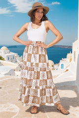 Billy Maxi Skirt - Tiered Crochet Insert Skirt in Tiller Print Beige