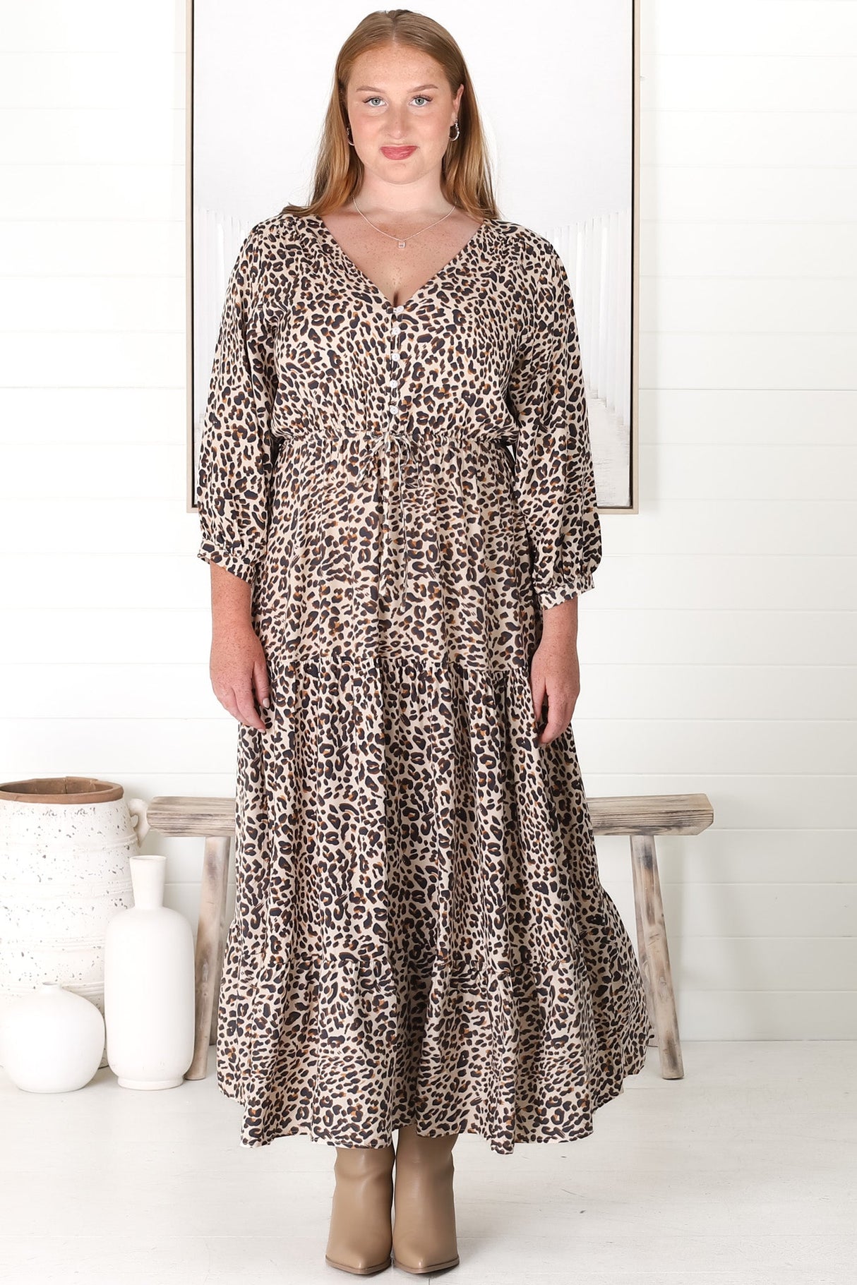 Perrie Maxi Dress - V Neck 3/4 Sleeve Dress with Pull Tie Waist in Leopard Print