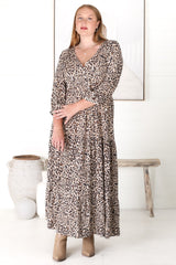 Perrie Maxi Dress - V Neck 3/4 Sleeve Dress with Pull Tie Waist in Leopard Print