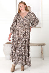 Perrie Maxi Dress - V Neck 3/4 Sleeve Dress with Pull Tie Waist in Leopard Print