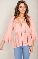 Sandy Top - Crochet Neckline Buttoned Bodice Flare Sleeve Smock Top in Pink