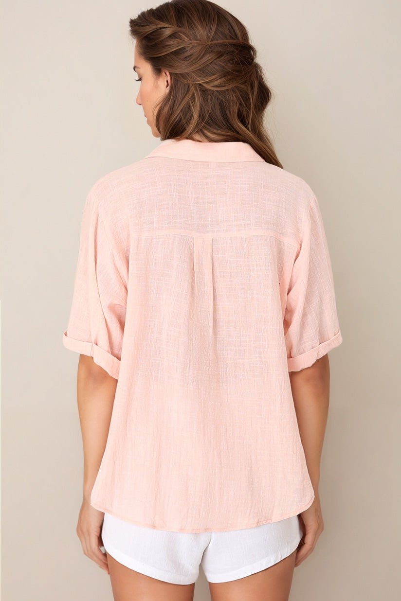 Shelly Shirt - Linen Collared Button Down Shirt in Pink