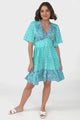 Sana Mini Dress - Bell Sleeve Button Down V Neck Dress in Izara Print Blue