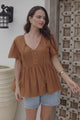 Mallory Top - Pleated Bodice Crochet Trim Cap Sleeve Smock Top in Terracotta