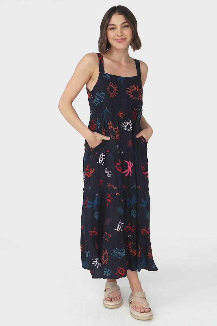 Amabel Maxi Dress - Thick Adjustable Strap Sun Dress in Kalista Print Navy