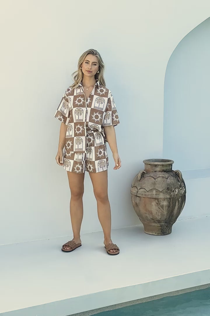 Mirian Button Up Shirt And Shorts Set - Layah Print in Beige