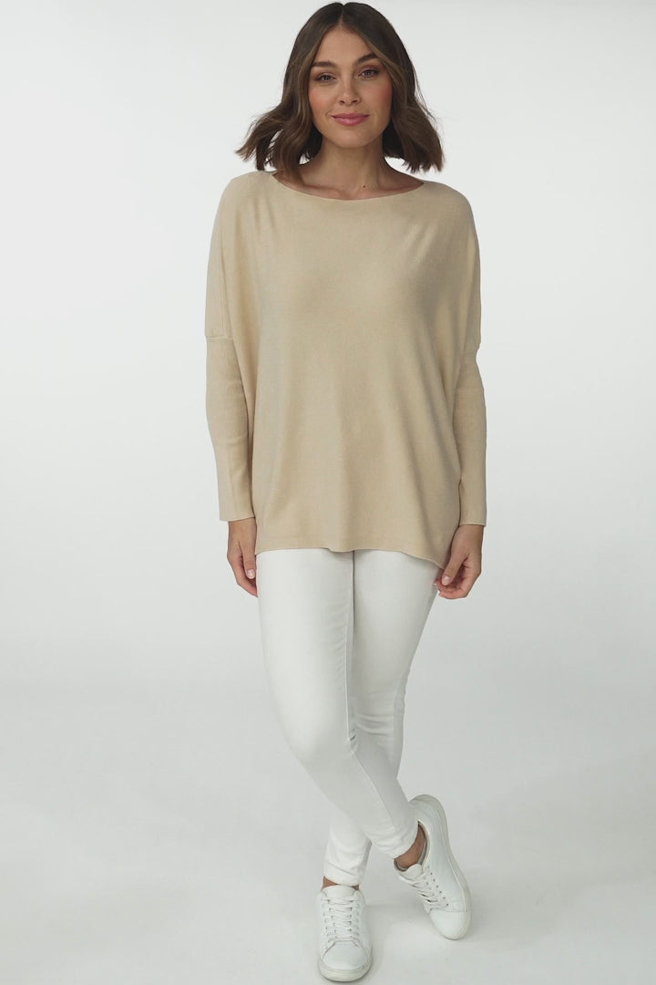 Belinda Knit Top - Boat Neckline Boxy Batwing Top in Sand