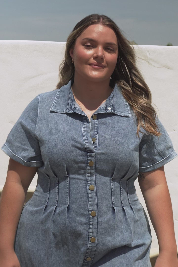 Sharlan Mini Dress - A-Line Button Detailed Denim Dress in Mid Denim Wash