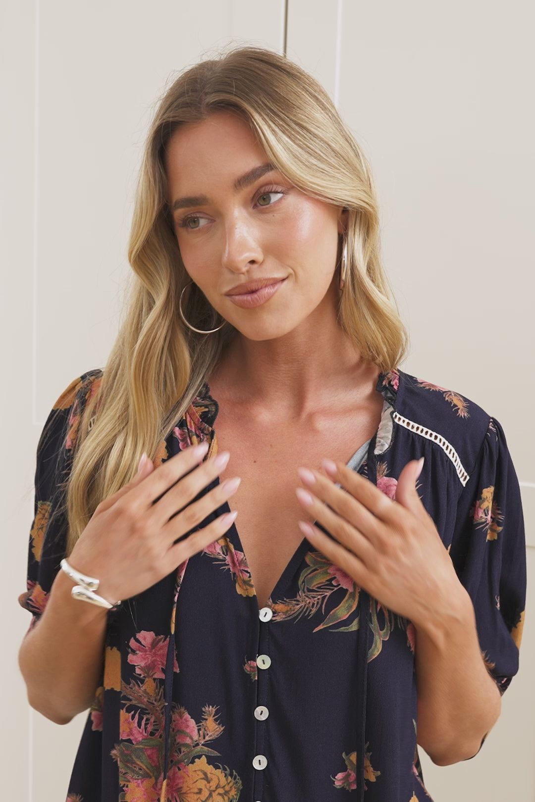 Acacia Blouse - Button Down Short Balloon Sleeve Shirt with Buttoned Cuffs in Mirjana Print Navy