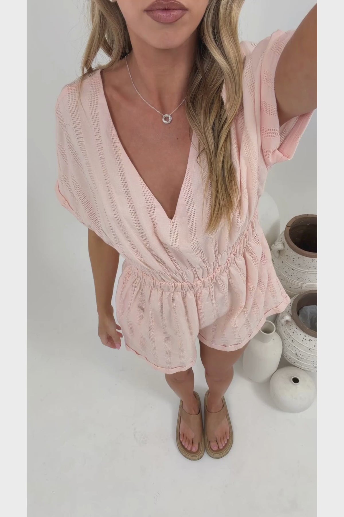 Nerola Playsuit - V Neck Mesh Stripe Playsuit with Short Sleeves and Pockets in Blush