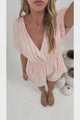 Nerola Playsuit - V Neck Mesh Stripe Playsuit with Short Sleeves and Pockets in Blush
