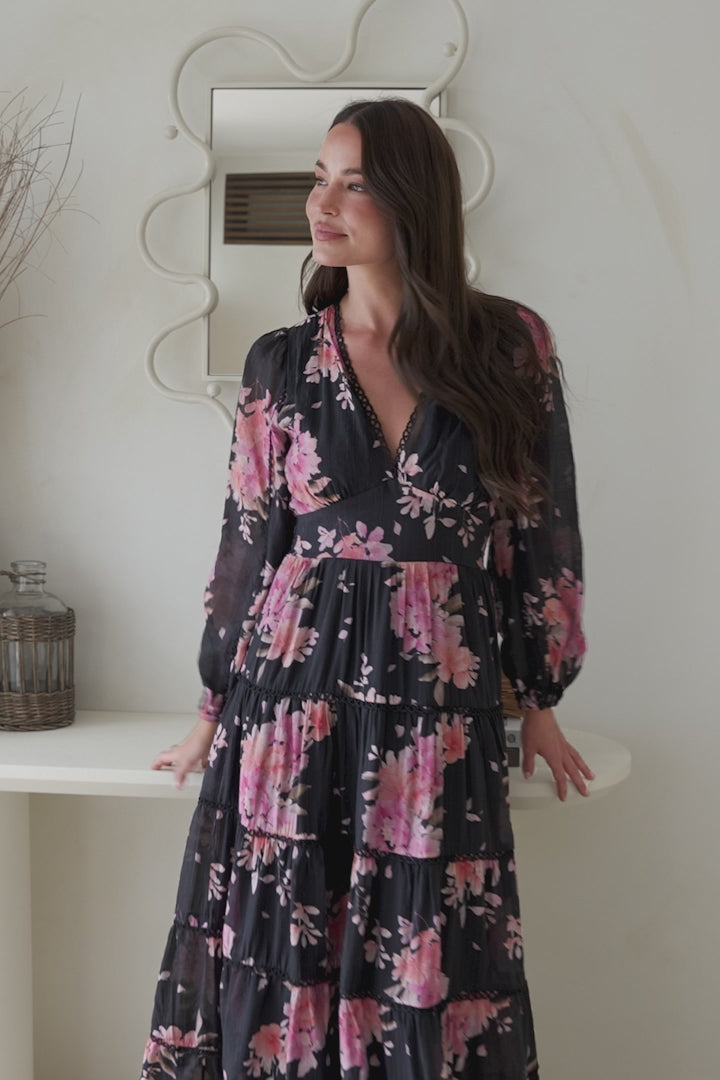 Audrey Maxi Dress - Delicately Detailed Tiered A-Line Dress in Odessa Print