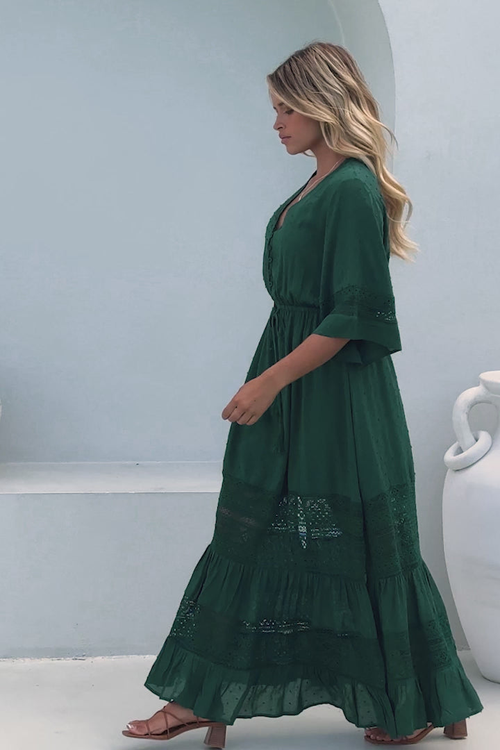 Kaely Maxi Dress - Delicate Lace Panel Detailed A Line Dress in Emerald