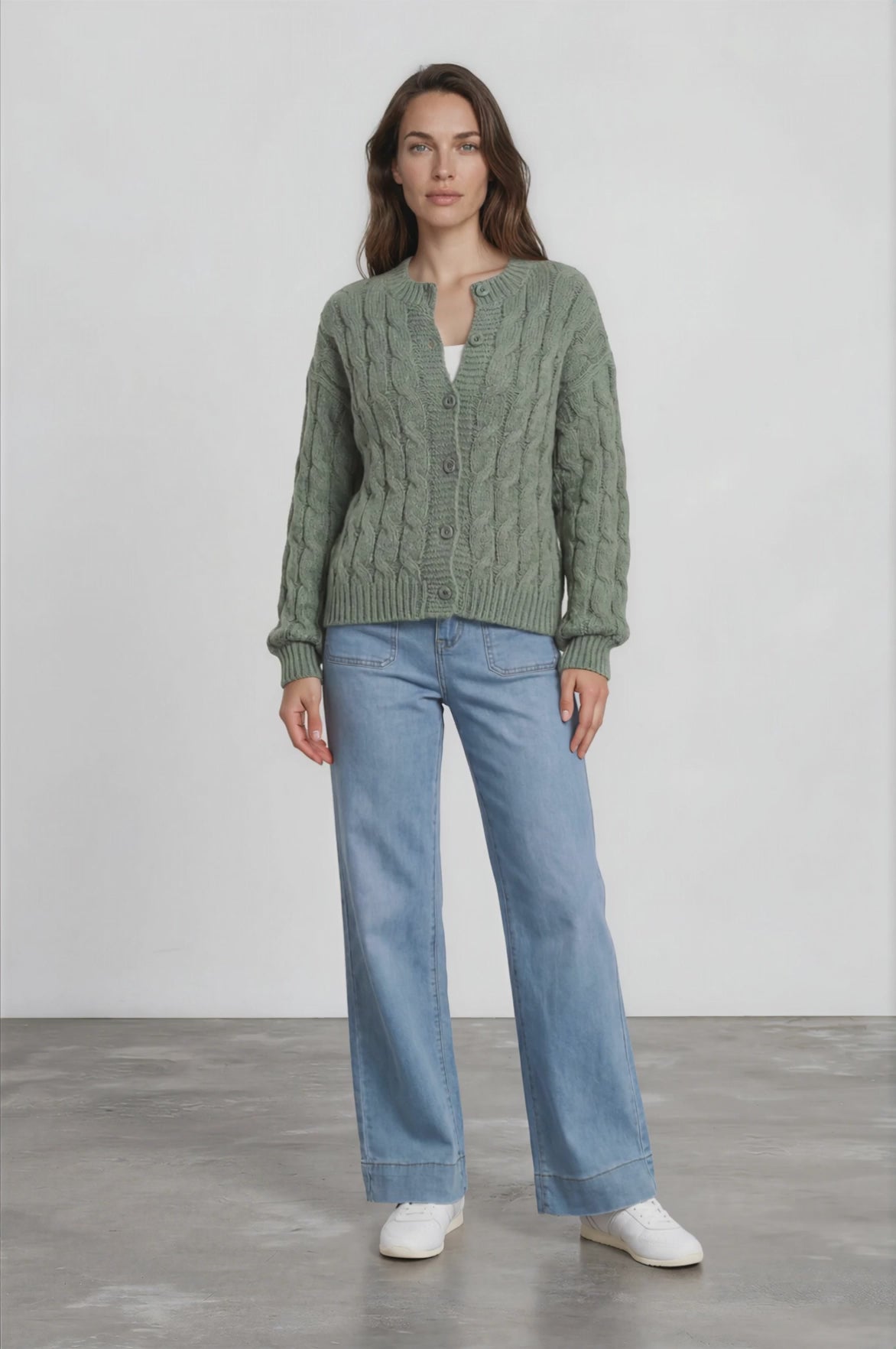 Aspen Cardigan - Crew Neck Button Front Short Polo Knit in Green