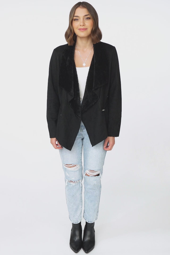 Newton Crop Jacket - Faux Fur Lined Suede-Like Waterfall Jacket in Black