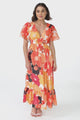 Glades Maxi Dress - V Neck Shirred Waist A Line Dress in Kamara Print Orange