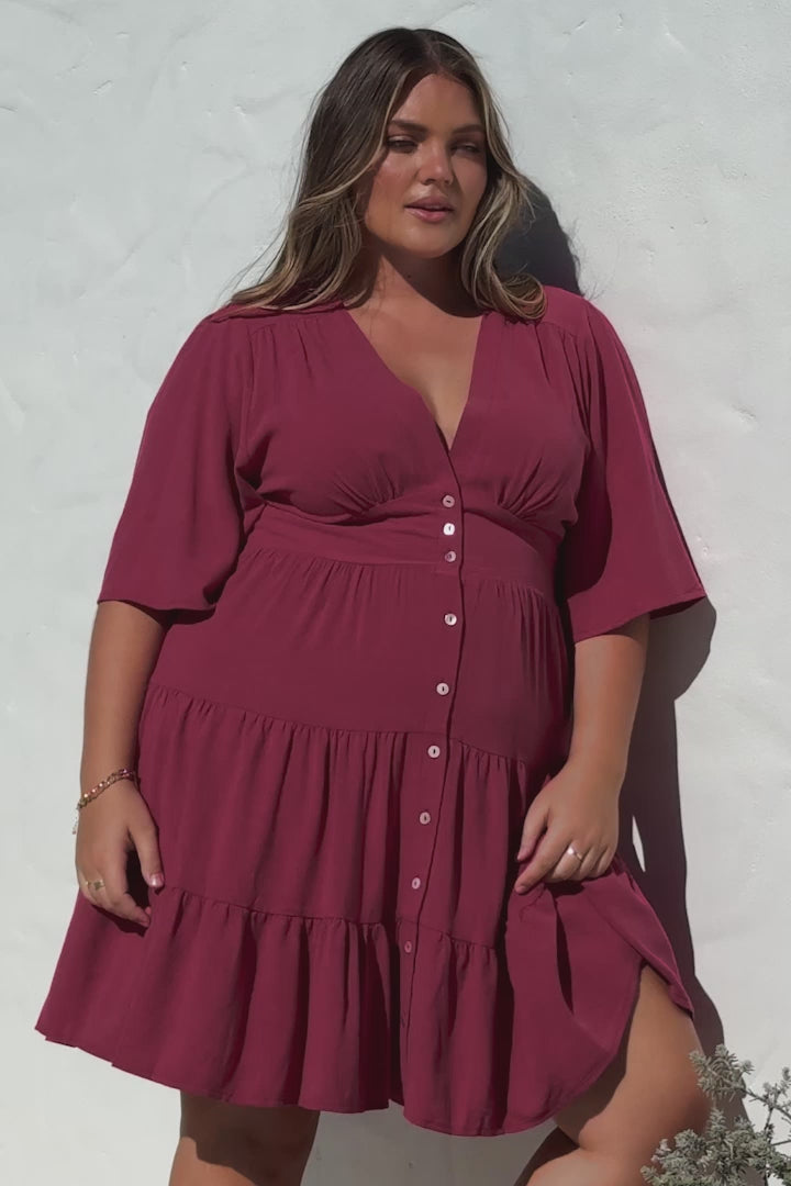 Sana Mini Dress - Bell Sleeve Button Down V Neck Dress in Berry