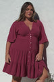Sana Mini Dress - Bell Sleeve Button Down V Neck Dress in Berry