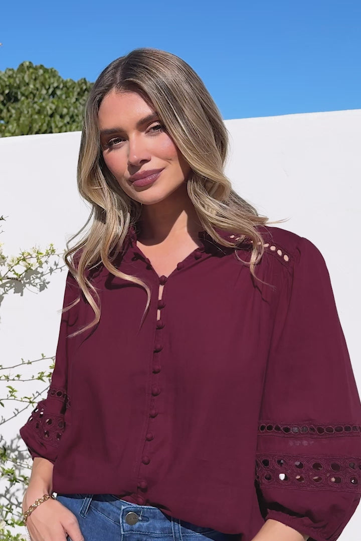 Alyce Shirt - Mandarin Collar Cut Out Detailed Sleeve Button Down in Burgundy