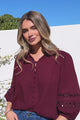 Alyce Shirt - Mandarin Collar Cut Out Detailed Sleeve Button Down in Burgundy