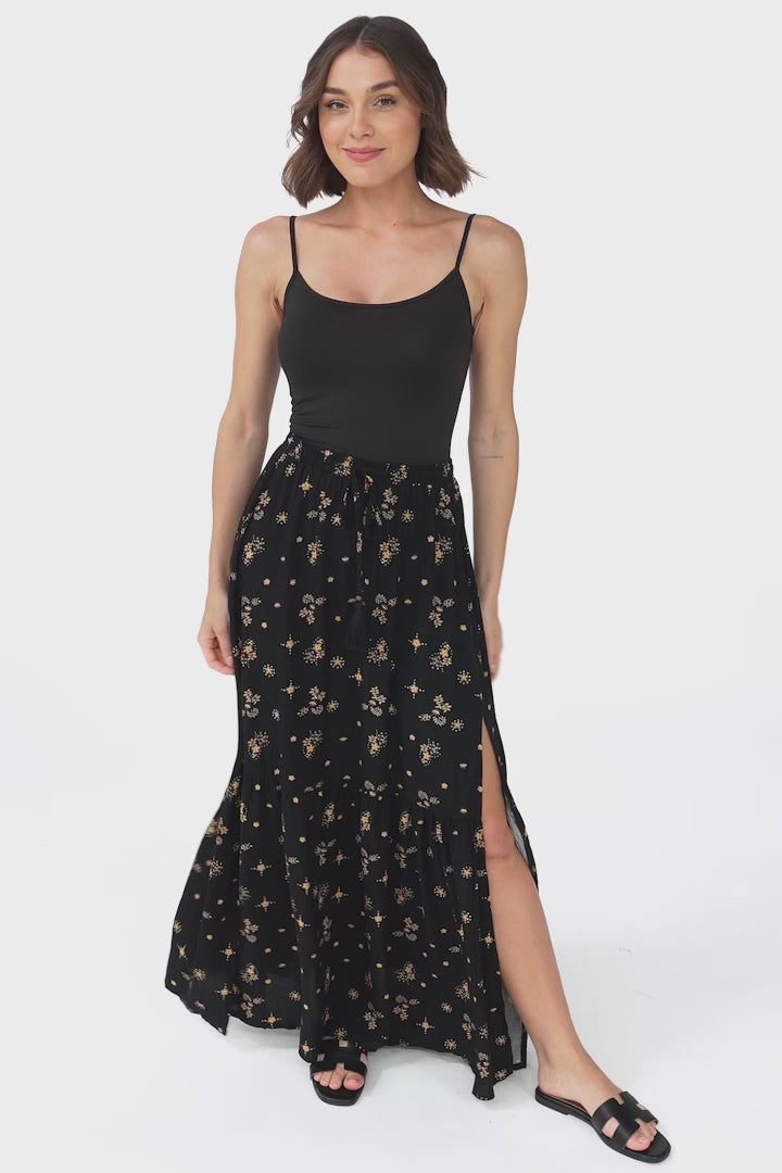 Hellen Maxi Skirt - High Waisted Skirt with Front Splits in Melany Print Black