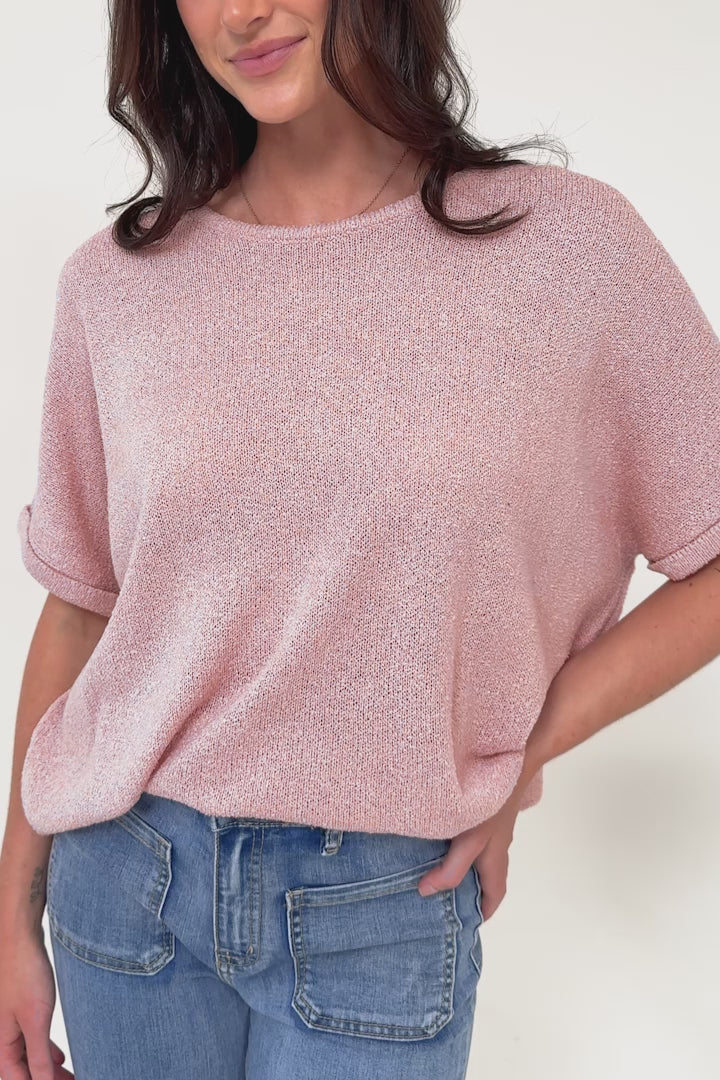 Andre Top - Crew Neck Slouchy Knit Top with Cuffed Short Sleeves in Pink