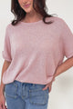 Andre Top - Crew Neck Slouchy Knit Top with Cuffed Short Sleeves in Pink