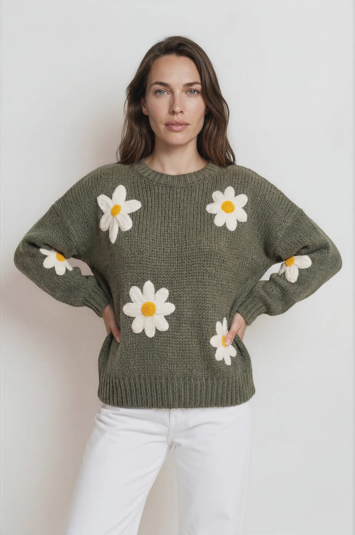 Amara Jumper - Crew Neck Floral Motif Knit with Ribbed Hemlines in Khaki