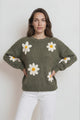Amara Jumper - Crew Neck Floral Motif Knit with Ribbed Hemlines in Khaki