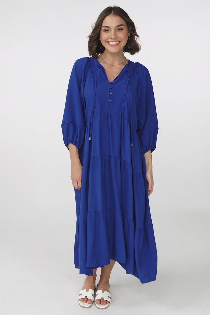 Kamali Midi Dress - Batwing Sleeve Smock Dress with Lace Detailing in Blue