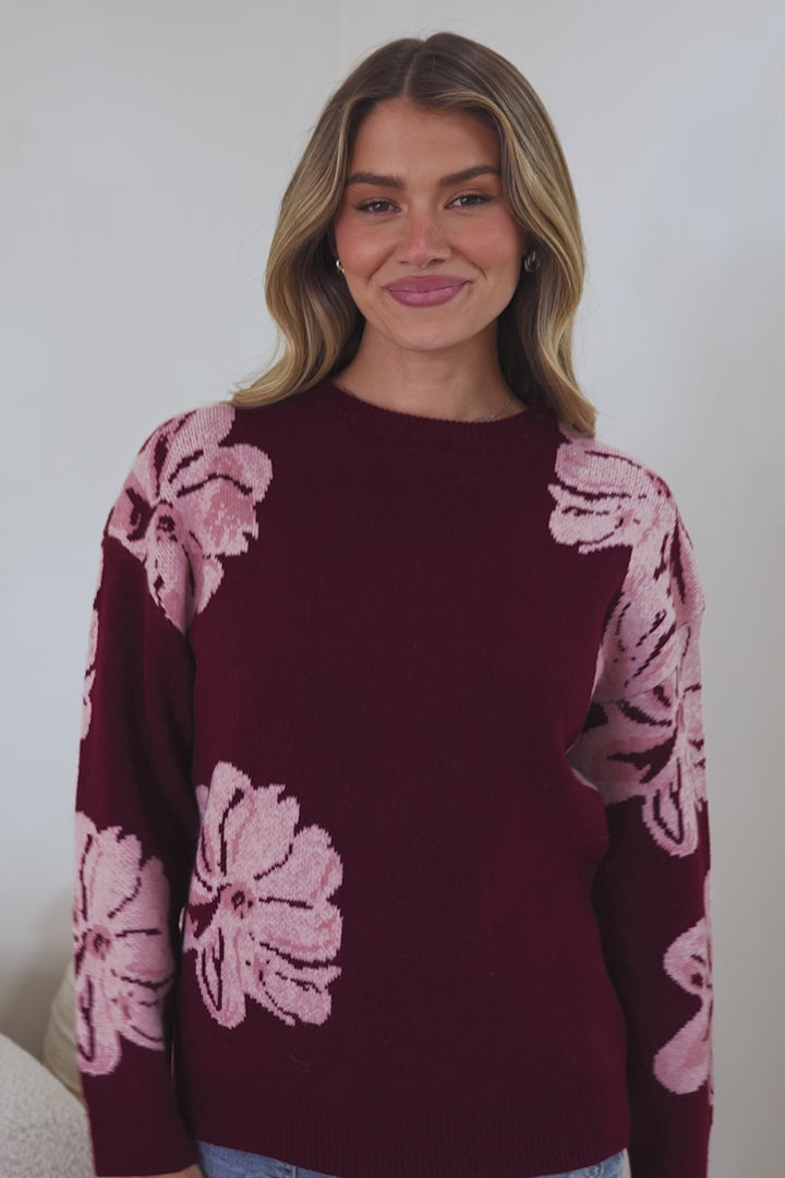 Breezy Jumper - Crew Neck Long Sleeve Floral Knit with Ribbed Hemlines in Wine
