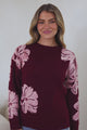 Breezy Jumper - Crew Neck Long Sleeve Floral Knit with Ribbed Hemlines in Wine