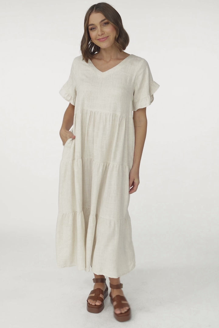 Ame Midi Dress - V Neck Frill Sleeve Tiered Dress in Oatmeal