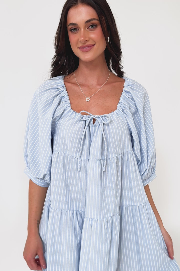Oliander Mini Dress - On or Off Shoulder Tiered Dress with Pockets in Figaro Stripe Blue